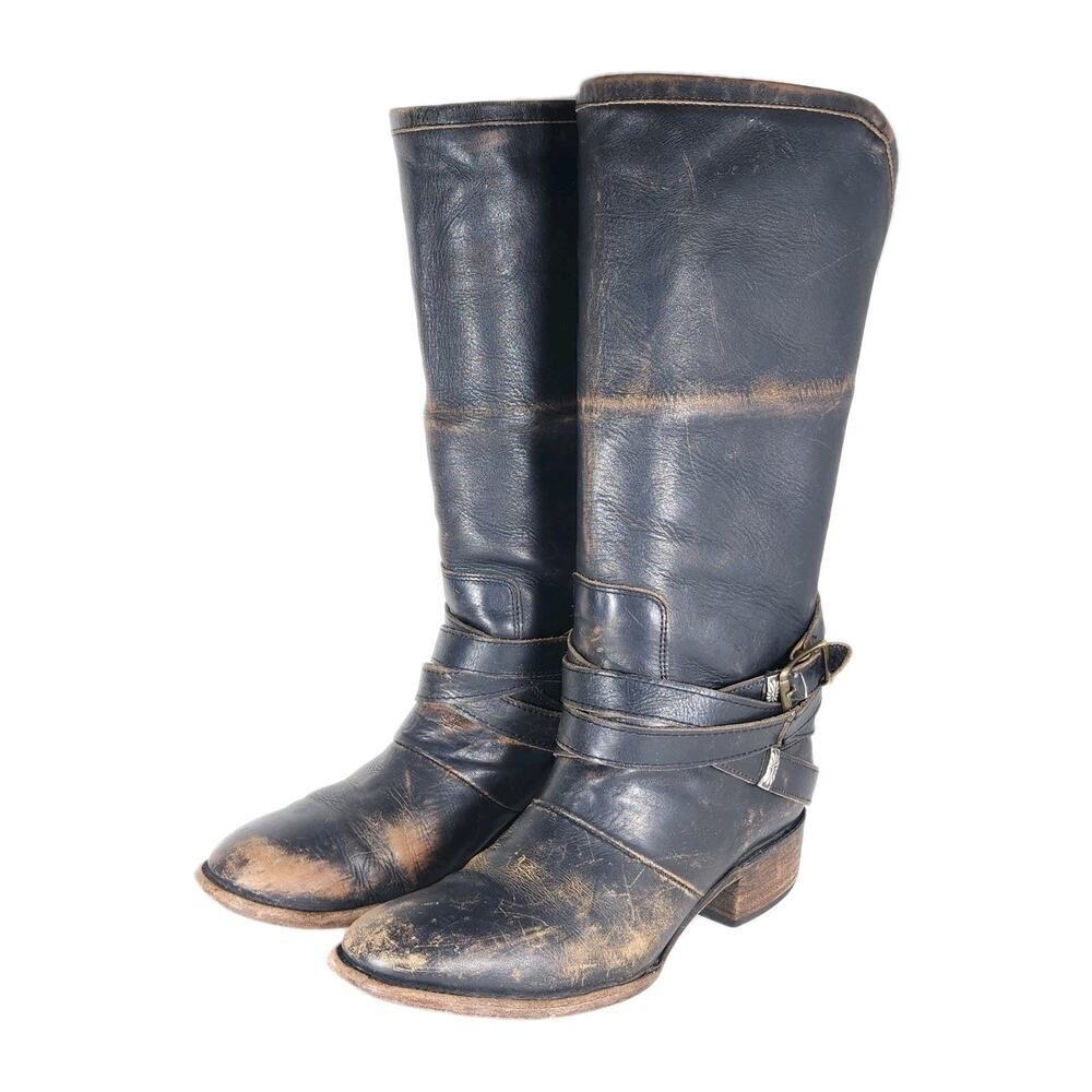 Freebird by Steven Tall Distressed Black Leather Moto Boots with Wrap Strap